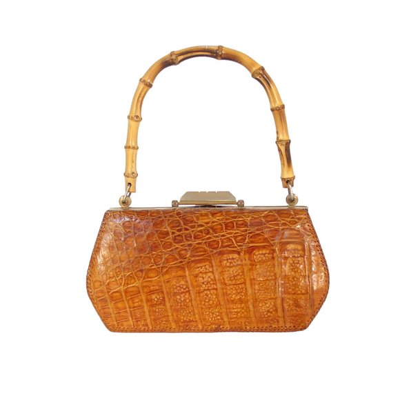 VINTAGE ALLIGATOR 40's 50's Bamboo Handle Kisslock Hardframe Mini Bag - Picture 2 of 12